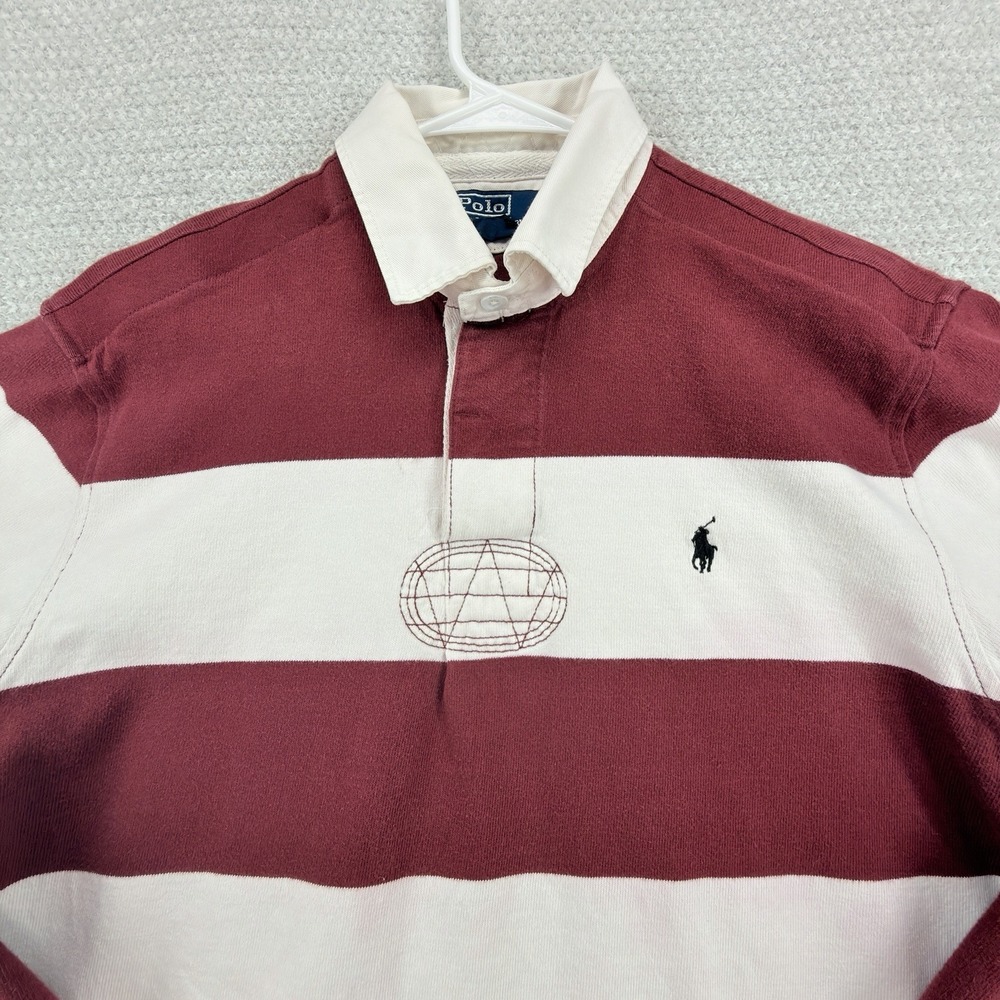 Polo Ralph Lauren Rugby Shirt Mens M Burgundy White Striped Long Sleeve Cotton - Picture 2 of 6